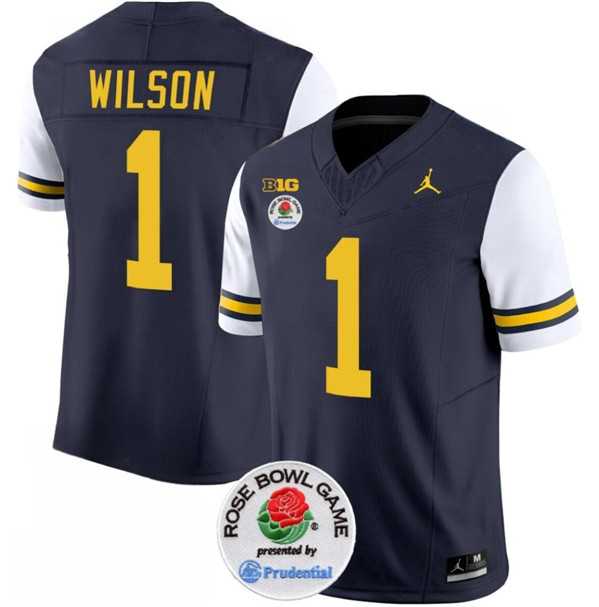 Mens Michigan Wolverines #1 Roman Wilson 2023 F.U.S.E. Navy White Rose Bowl Patch Stitched Jersey Dzhi